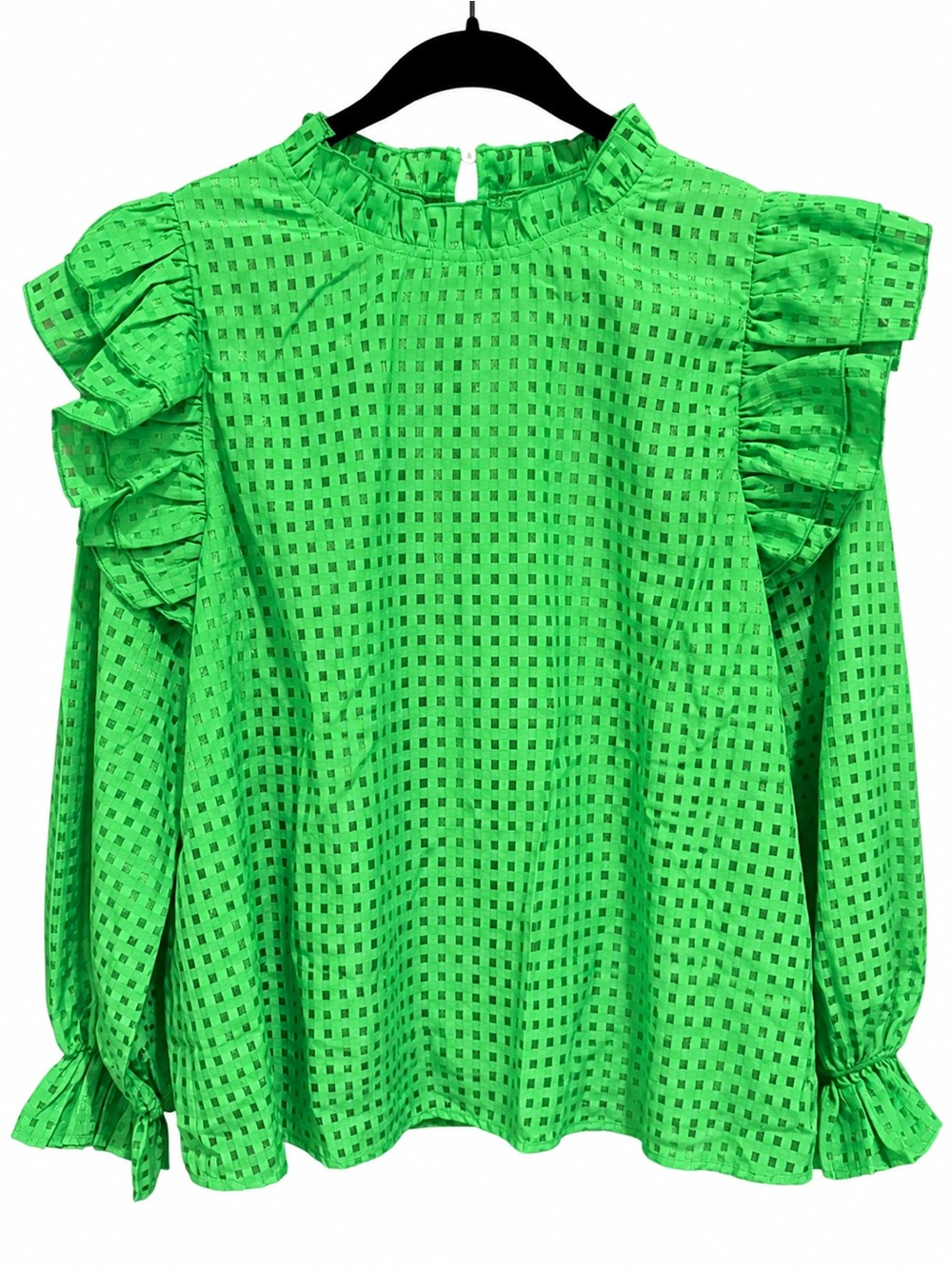 JODIFL Green Ruffle Sleeve Eyelet Blouse Shirt